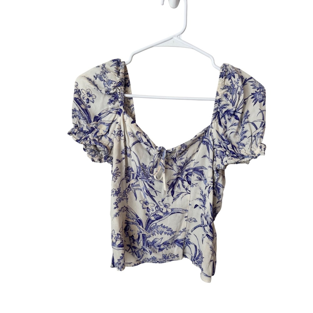HM Blue White Toile Floral Puff Sleeve Tie Front Smocked Back Blouse Top‎ XS